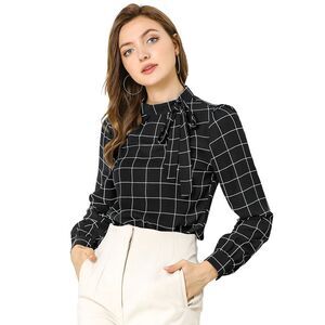 Bow Tie Neck Grid Checks Shirt Tops Blouses Black